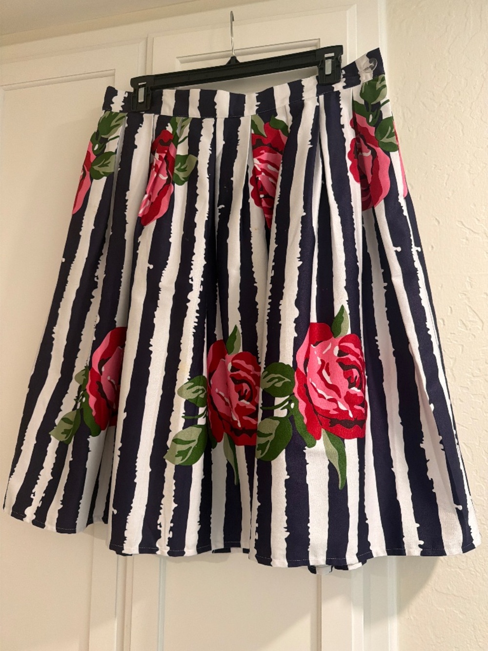 Black and White Striped Skirt with Roses